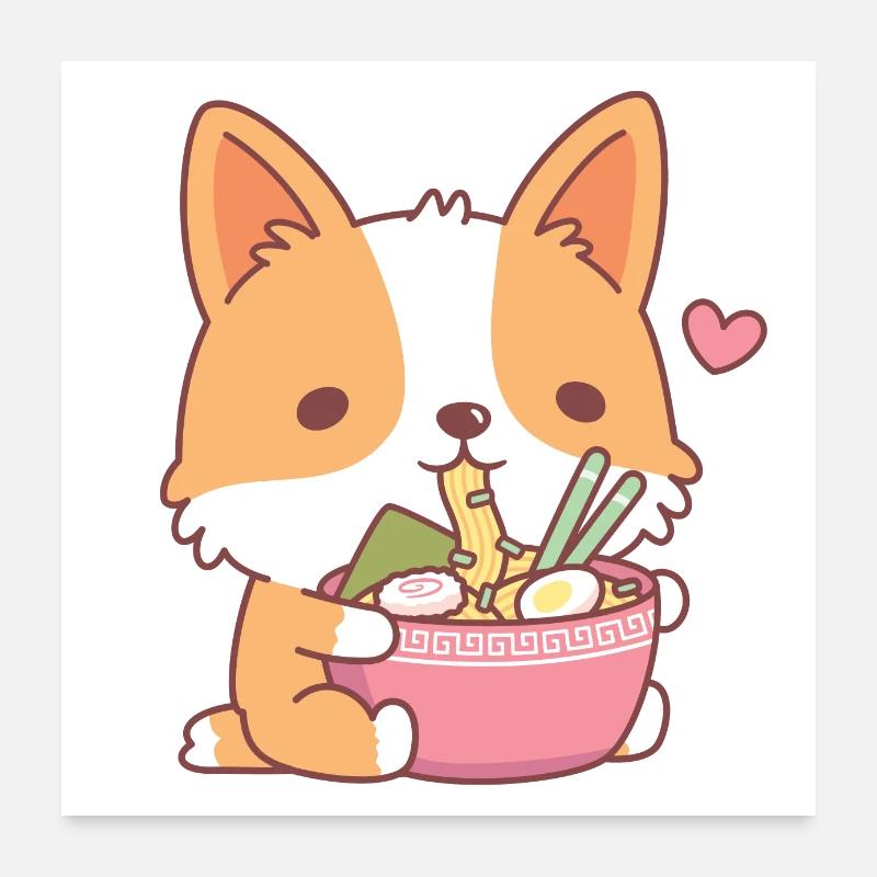 Süßer Corgi isst japanische Ramen-Nudeln Poster 60x60 cm