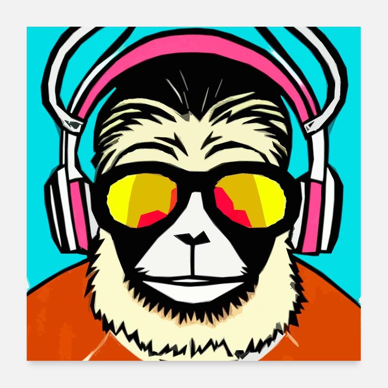 Singe écoutant de la musique avec des écouteurs Poster 60 x 60 cm