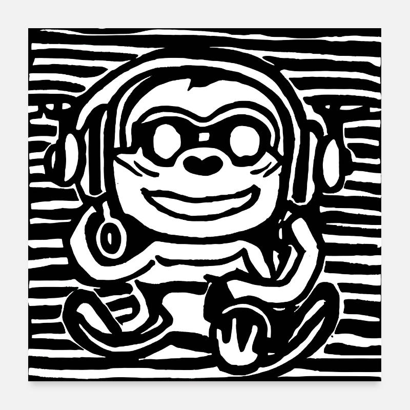 Affe hört Musik mit Kopfhörern Poster 60x60 cm