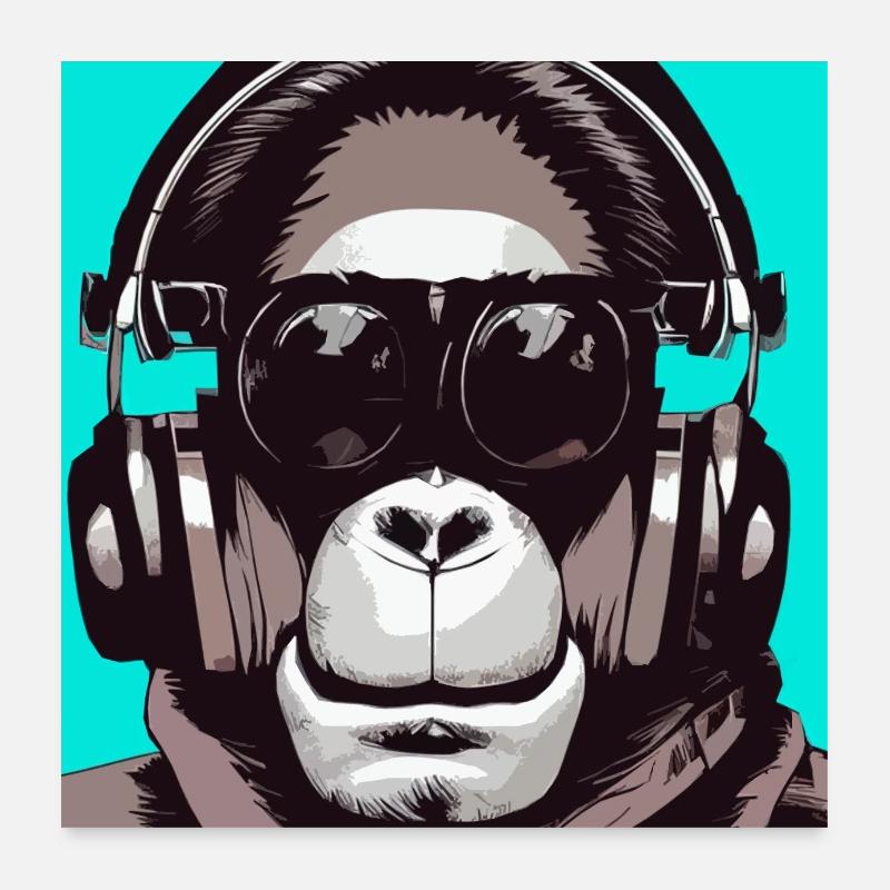 Affe hört Musik mit Kopfhörern Poster 60x60 cm