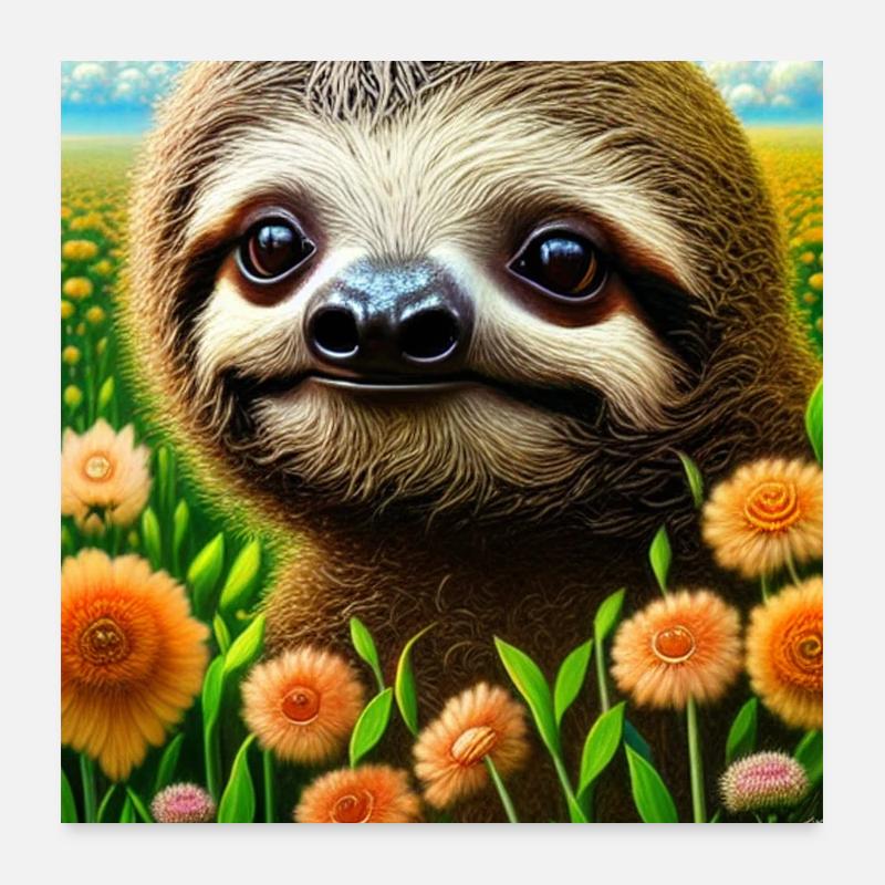 Paresseux dans le champ de fleurs Poster 60 x 60 cm