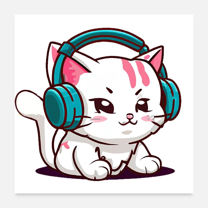 Chat mignon portant des écouteurs - Poster 60 x 60 cm - blanc