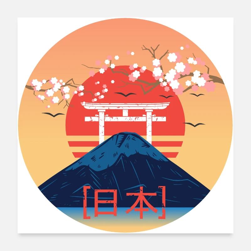 Japan Fuji Kirschblüte Schriftzug Nihon Torii - 日本 Poster 60x60 cm