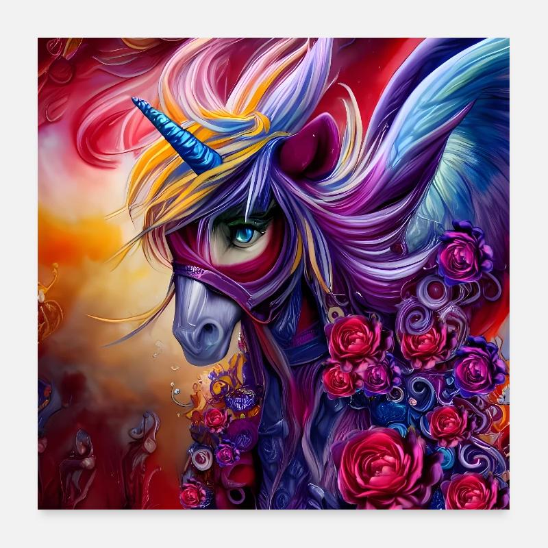 Wunderbares buntes Einhorn mit Blumen. Poster 60x60 cm