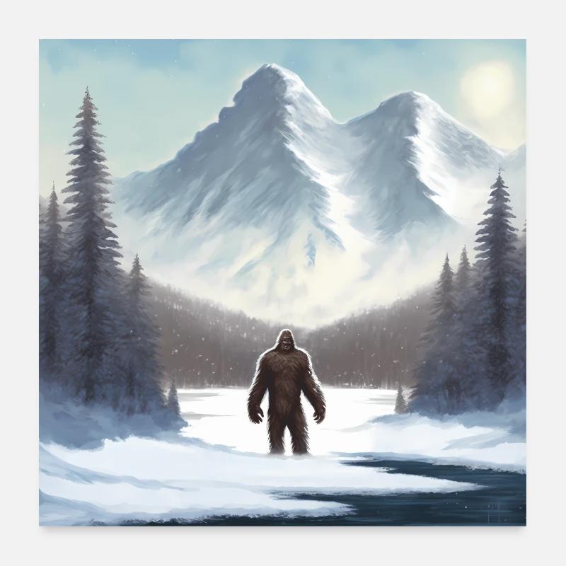 Bigfoot im schnee mit Bergen Poster 60x60 cm