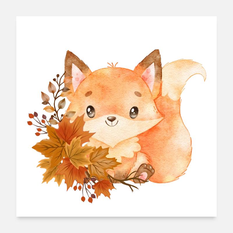 Kleiner Fuchs mit Herbstblättern Waldtiere Natur Poster 60x60 cm