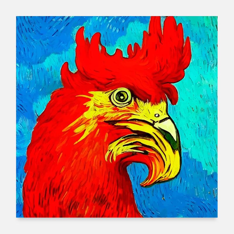 Illustration d’un coq, dans le style Van Gogh Poster 60 x 60 cm