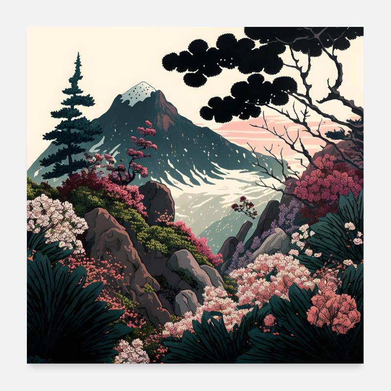 Ukiyo Landschaft Berge blumen Ukiyo-e - Poster 60x60 cm - Weiß
