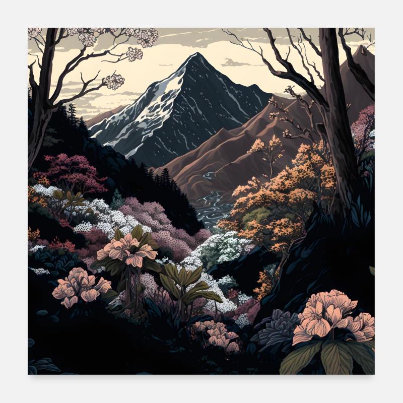 Ukiyo landscape mountains flowers Ukiyo-e Poster 24" x 24" (60x60 cm)