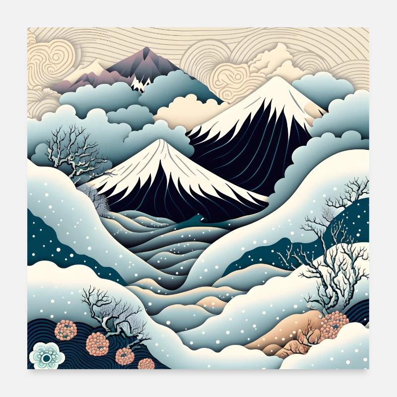 Ukiyo Winter Landscape Mountains, Ukiyo-e Poster 24" x 24" (60x60 cm)