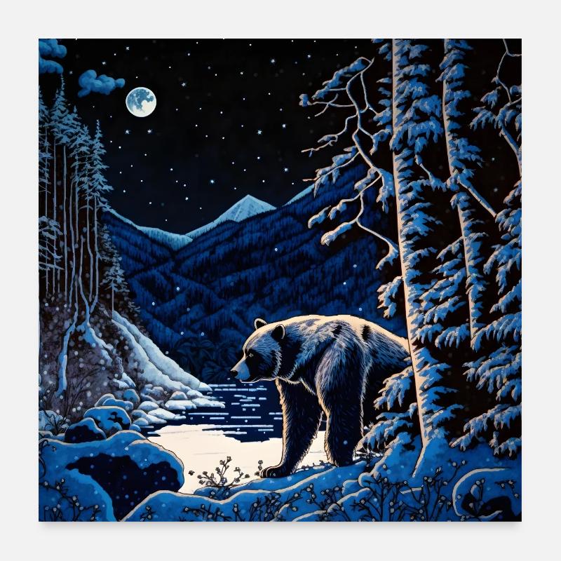 Ukiyo-Bär im Winter in Waldlandschaft Poster 60x60 cm