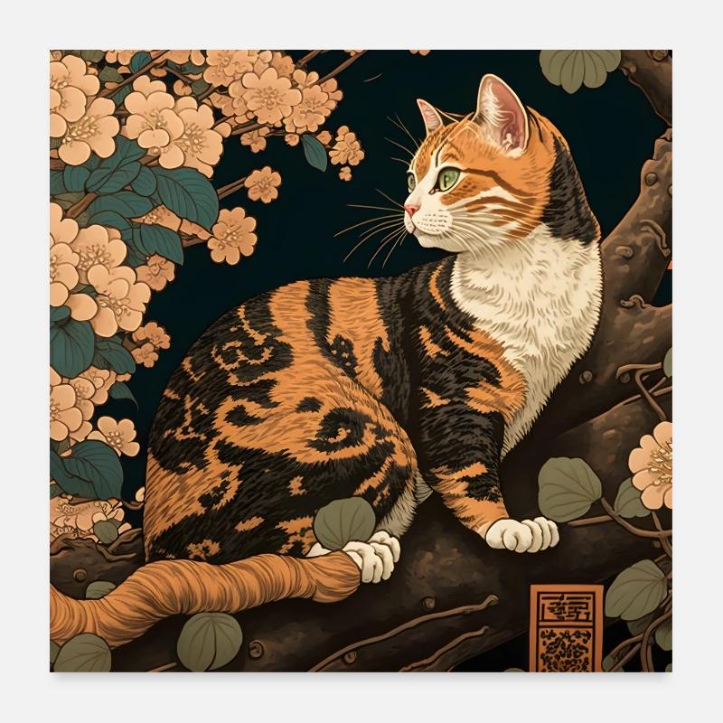 Paysage moderne Ukiyo avec chat Poster 60 x 60 cm