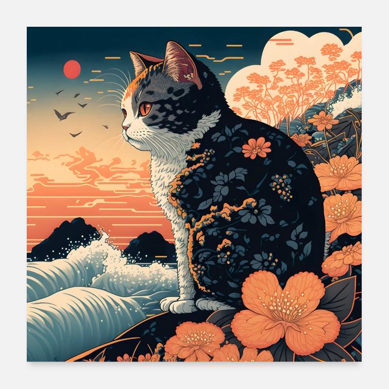 Paysage de plage d’Ukiyo avec chat Poster 60 x 60 cm