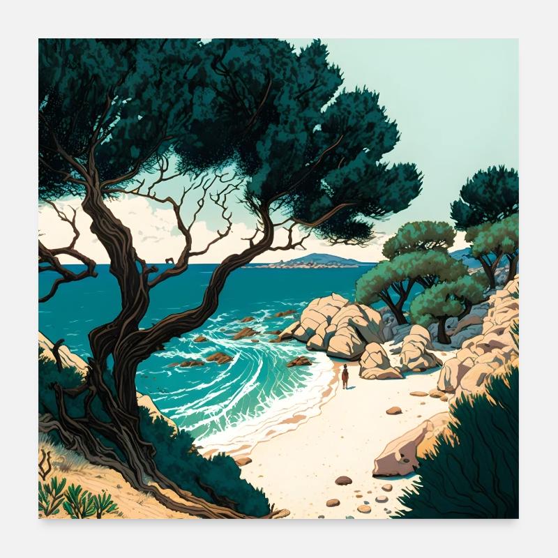 Plage tropicale méditerranéenne d’Ukiyo Poster 60 x 60 cm