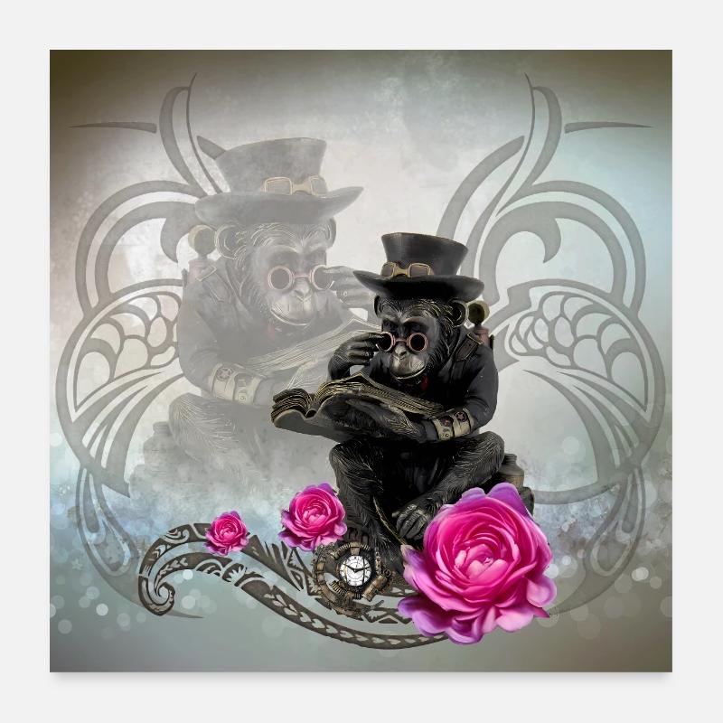 Un drôle de singe steampunk lit un livre Poster 60 x 60 cm