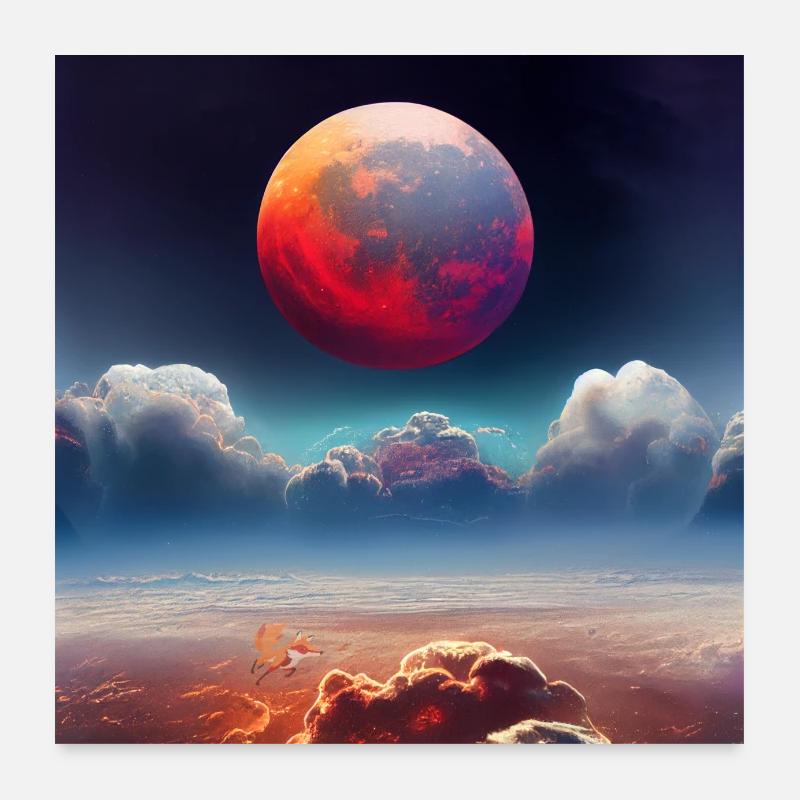 Panorama spatial planétaire nuageux avec un renard ardent Poster 60 x 60 cm