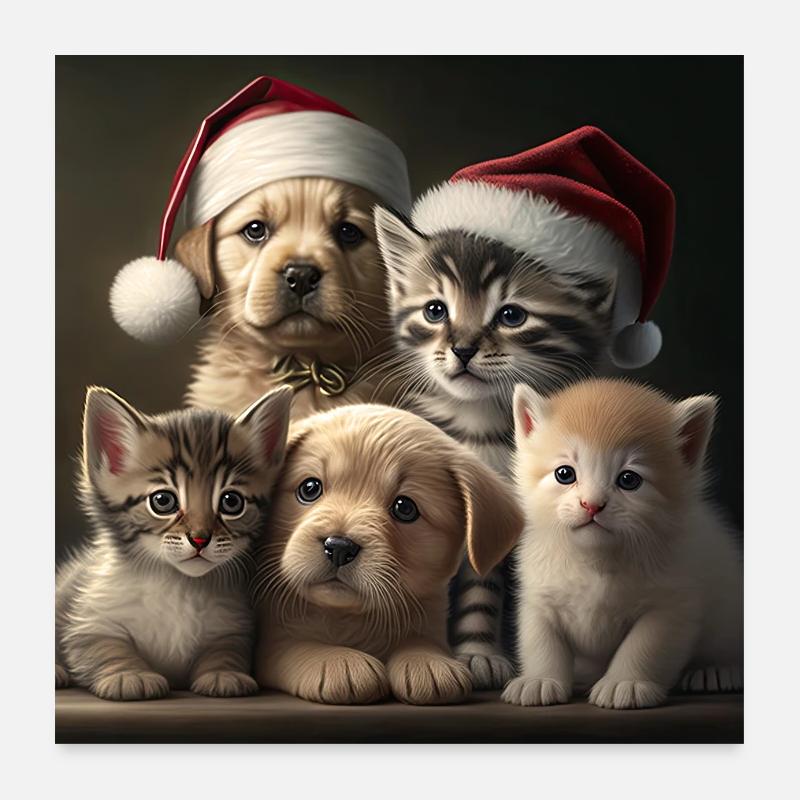 Chats et chiots de Noël Poster 60 x 60 cm
