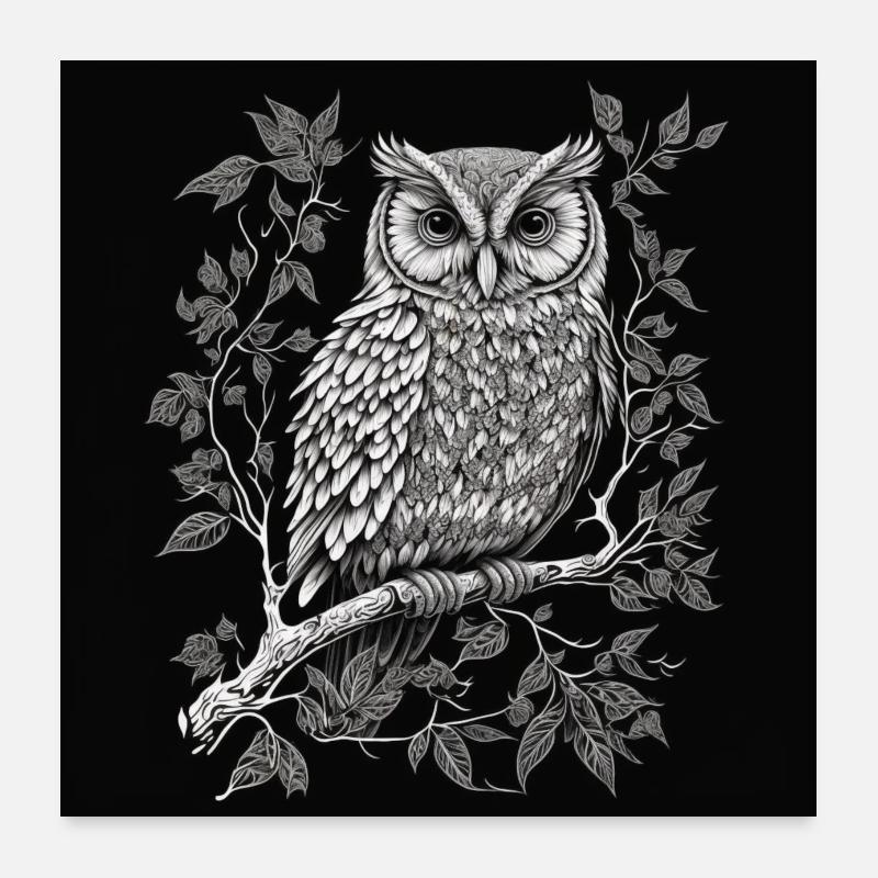 Schwarz Weiß Eule Zeichnung Poster 60x60 cm