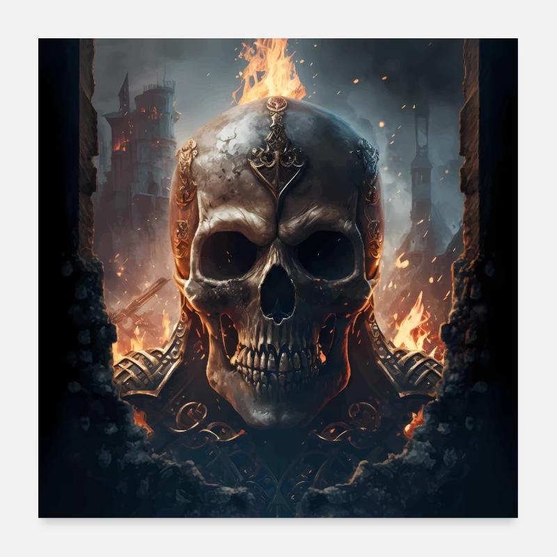 Crâne médiéval épique avec des flammes Poster 60 x 60 cm
