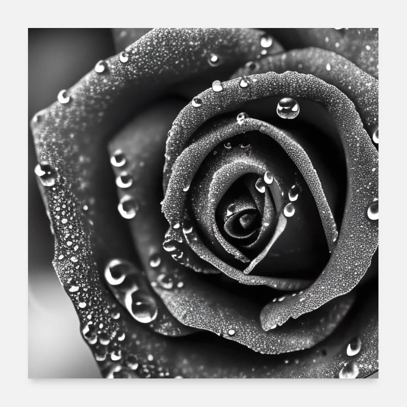 Fleur de rose avec des gouttes de rosée en noir et blanc Poster 60 x 60 cm