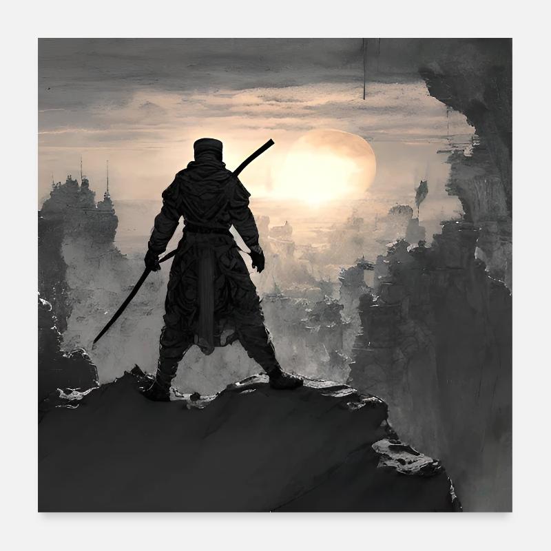 Schwarzer Ninja vor einem Sonnenaufgang Poster 60x60 cm