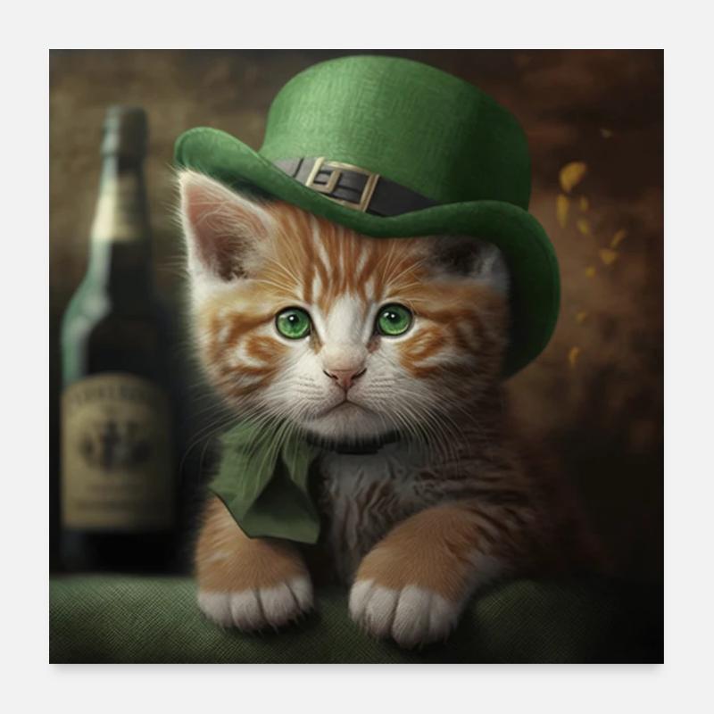 Fête de la Saint-Patrick Chat mignon avec chapeau Irlande - Poster 60 x 60 cm - blanc