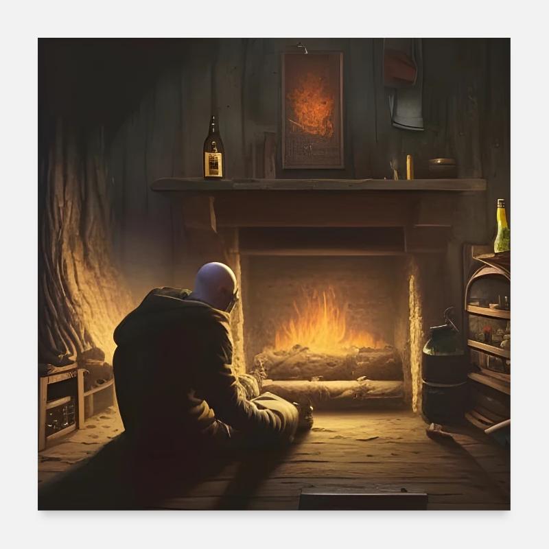 Mittelalterlicher Mann am Kamin Poster 60x60 cm