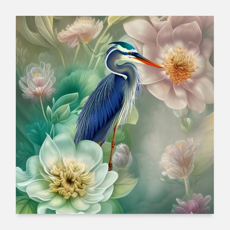 Der elegante Kranich mit Blumen Poster 60x60 cm