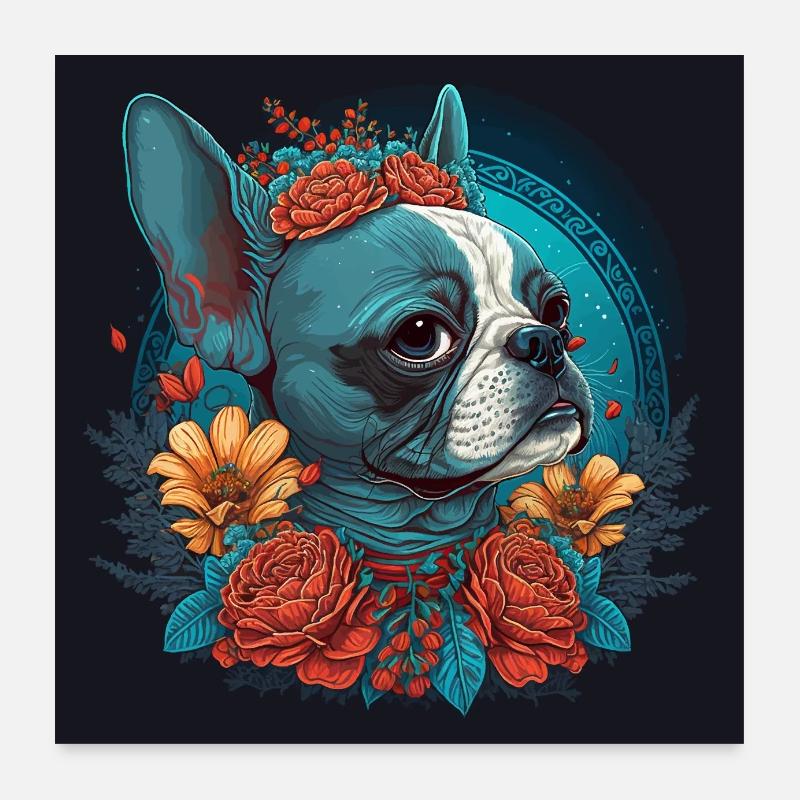 Français Bouledogue aux fleurs Poster 60 x 60 cm