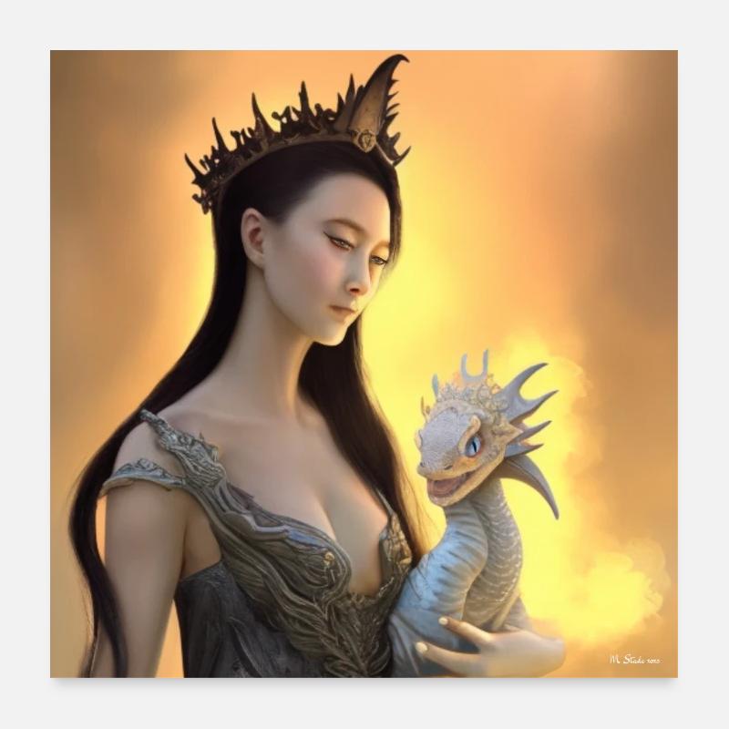 Drache und asiatische Königin Poster 60x60 cm
