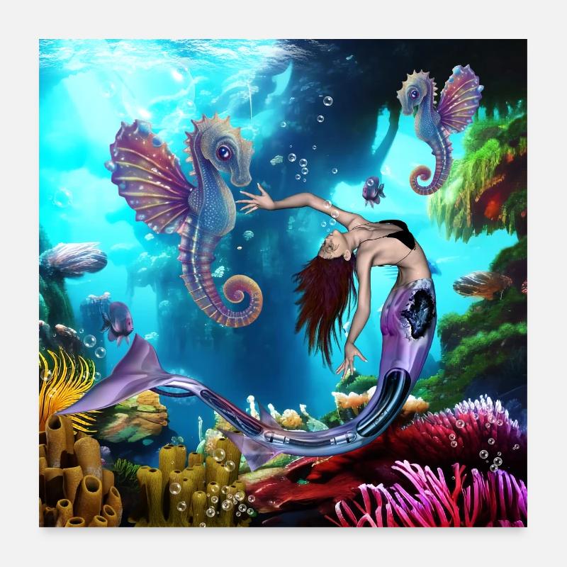 Wunderbare Meerjungfrau mit Seepferdchen Poster 60x60 cm