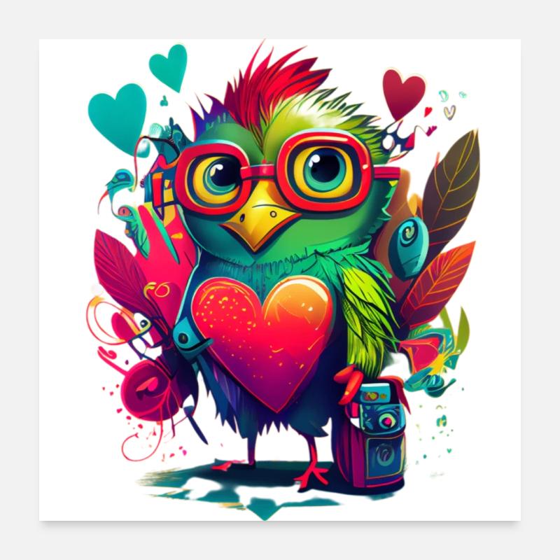 Lustiger bunter Vogel mit Herz, Valentinstag Poster 60x60 cm