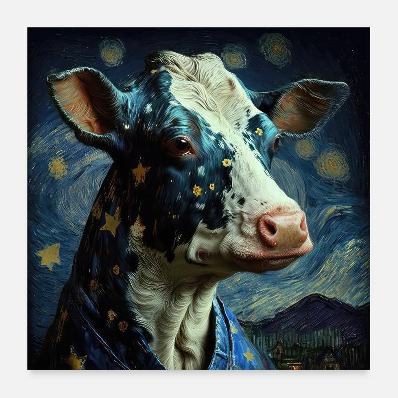 Kuh Van Gogh Style Sternenhimmel Nachts Cool Poster 60x60 cm