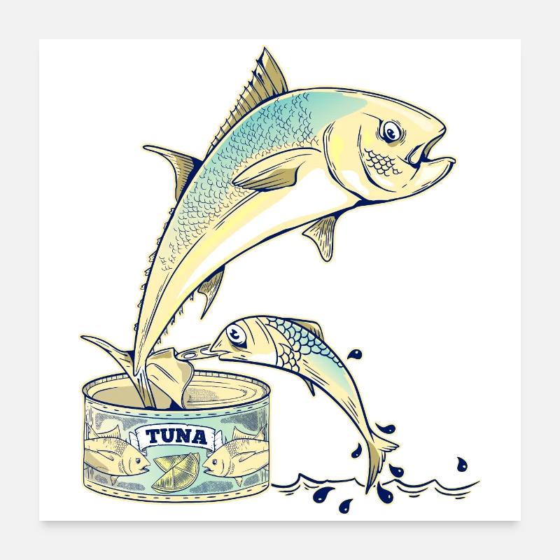 Thunfisch, der einer Blechdose entkommt Poster 60x60 cm
