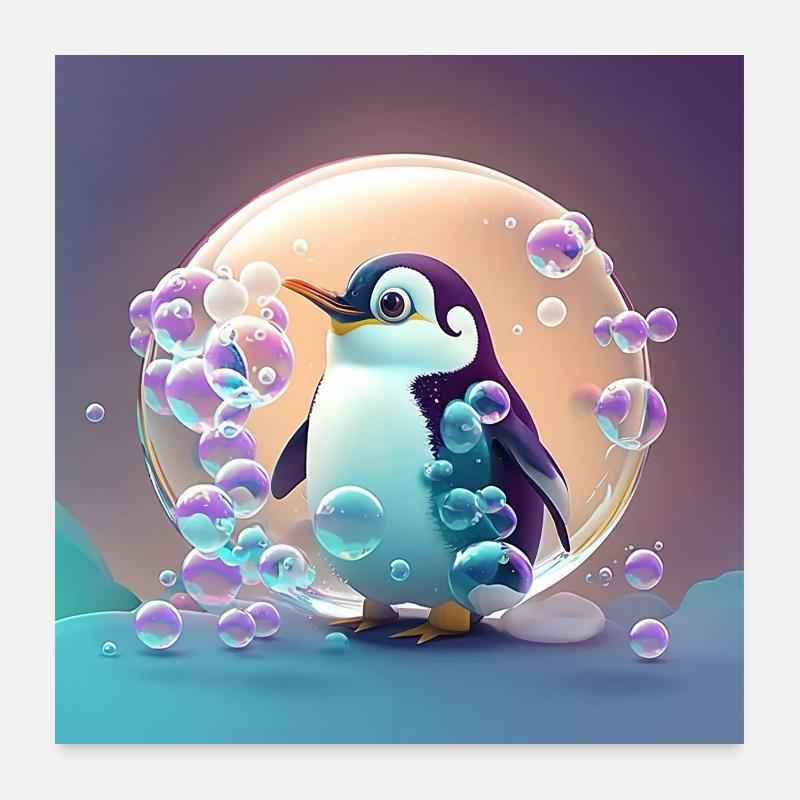 Cute Penguin Plays with Bubble Poster Poster 24" x 24" (60x60 cm)