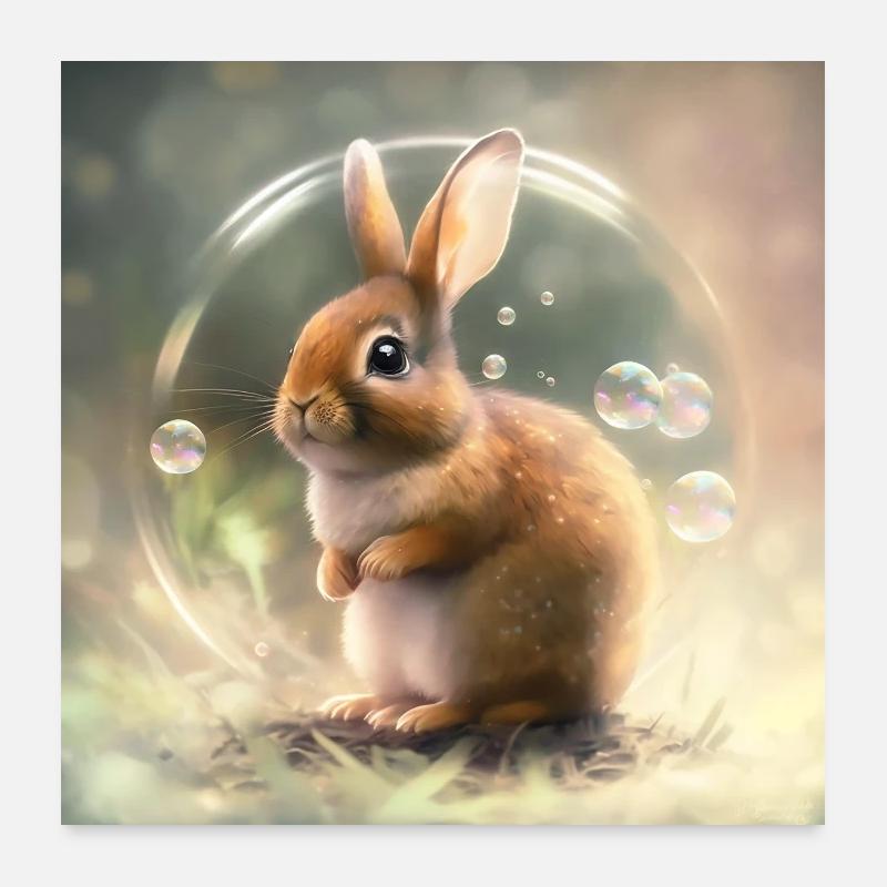 Mignon bébé lapin jouant avec des bulles de savon Poster 60 x 60 cm