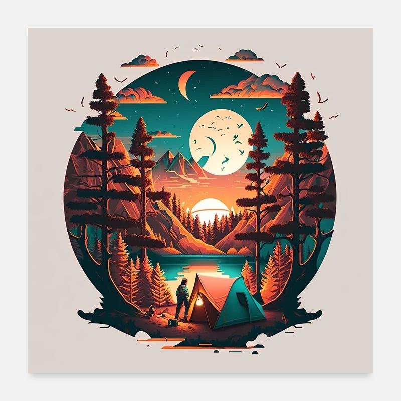 Camping au bord du lac face aux montagnes Affiche de nuit Poster 60 x 60 cm