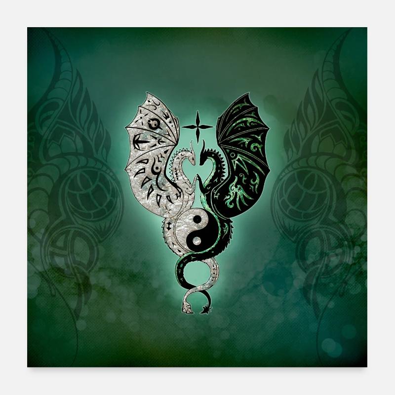 Dragons avec yin et yang chantant - Poster 60 x 60 cm - blanc