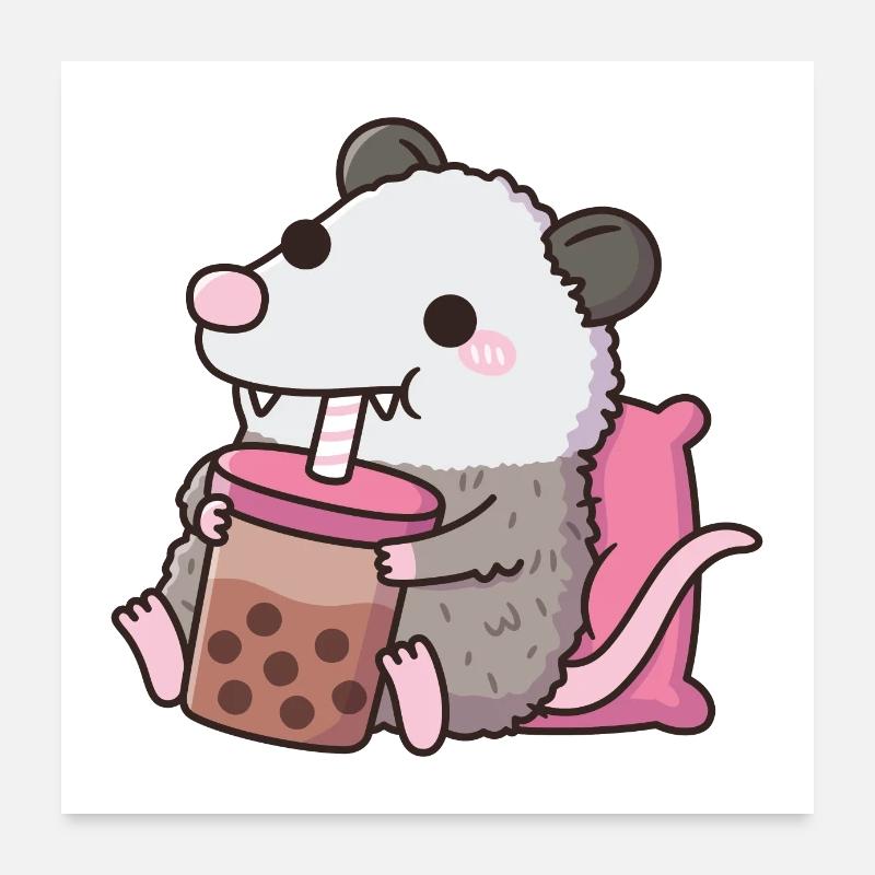Opossum mignon buvant du thé Boba Poster 60 x 60 cm