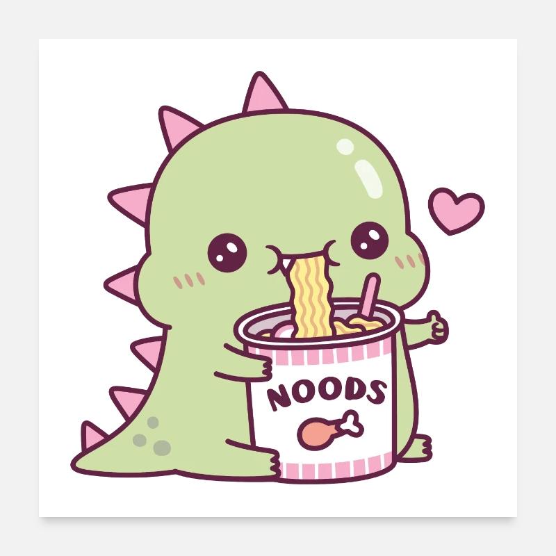 Mignon dinosaure mangeant des nouilles instantanées Poster 60 x 60 cm