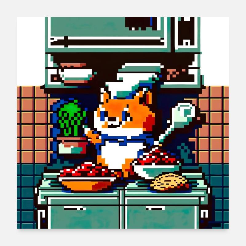 cooking cat in 8 bit as a chef in the kitchen Poster 24" x 24" (60x60 cm)