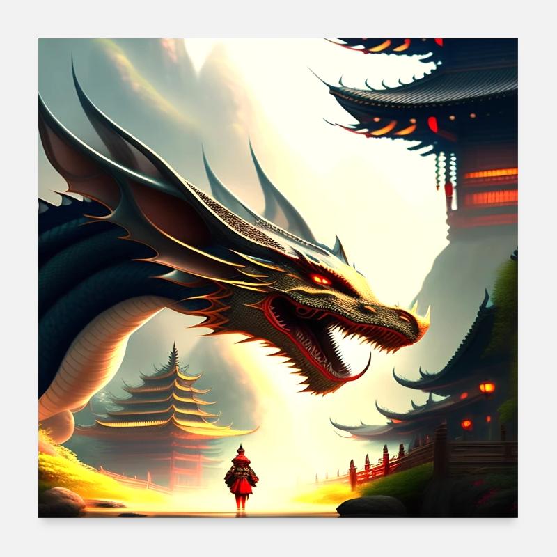 Dragon Fantasy Anime Drachen AI Art Poster Retro Poster 60x60 cm