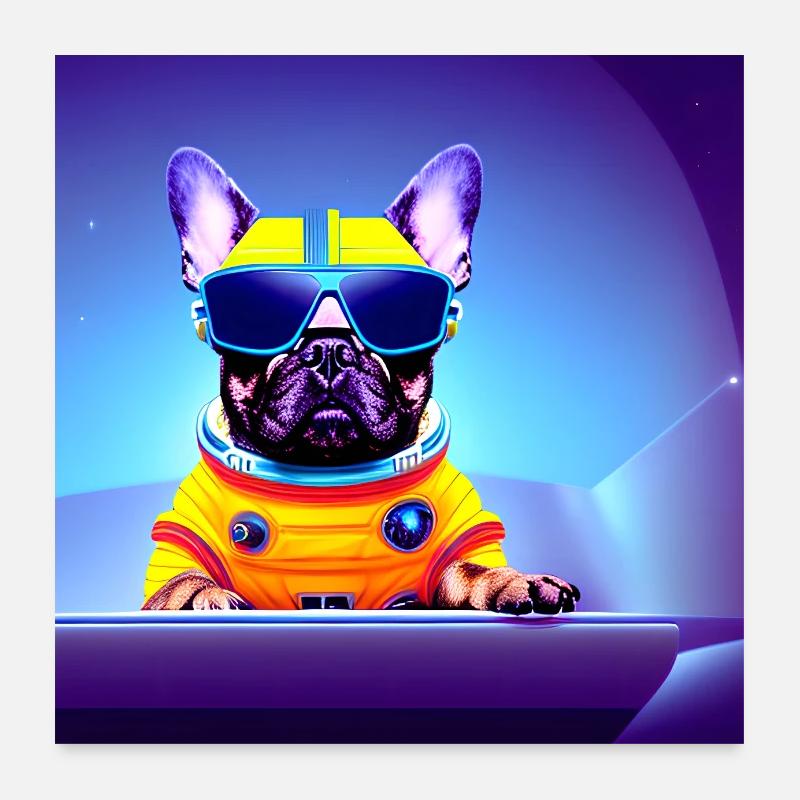 Affiche Frenchie de l’espace bouledogue français - Poster 60 x 60 cm - blanc