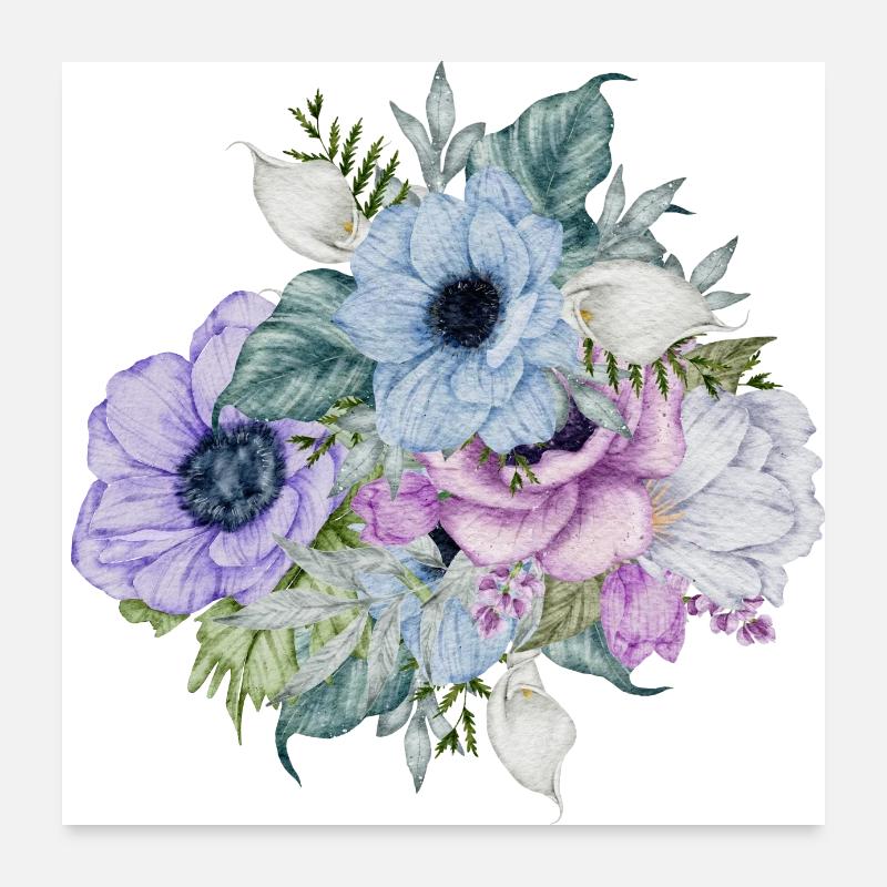 Blaue Aquarellblumen Poster 60x60 cm