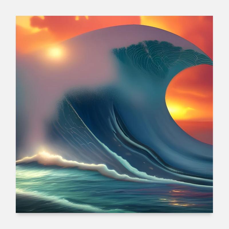 Grosse vague au coucher du soleil - Poster 60 x 60 cm - blanc