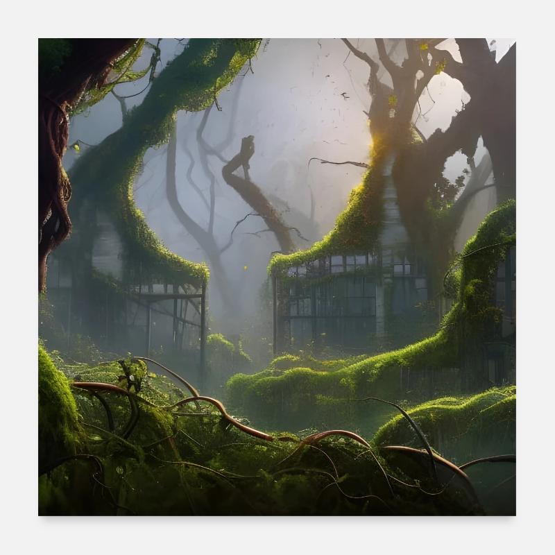 Overgrown city covered in vines and mos Poster 60x60 cm
