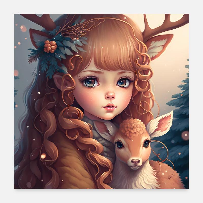 Hirsch mit Mädchen Poster 60x60 cm