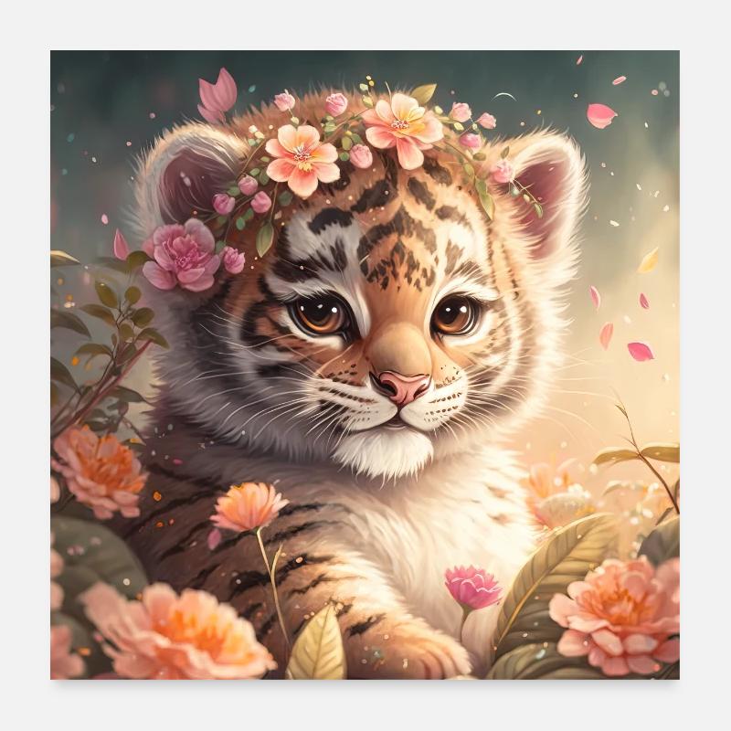 Bébé tigre avec des fleurs - Poster 60 x 60 cm - blanc