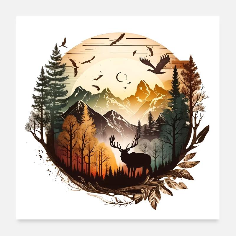 Affiche de cerf de paysage - Poster 60 x 60 cm - blanc