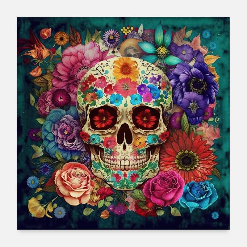 Skull Art Watercolor Flower Design Poster 24" x 24" (60x60 cm)